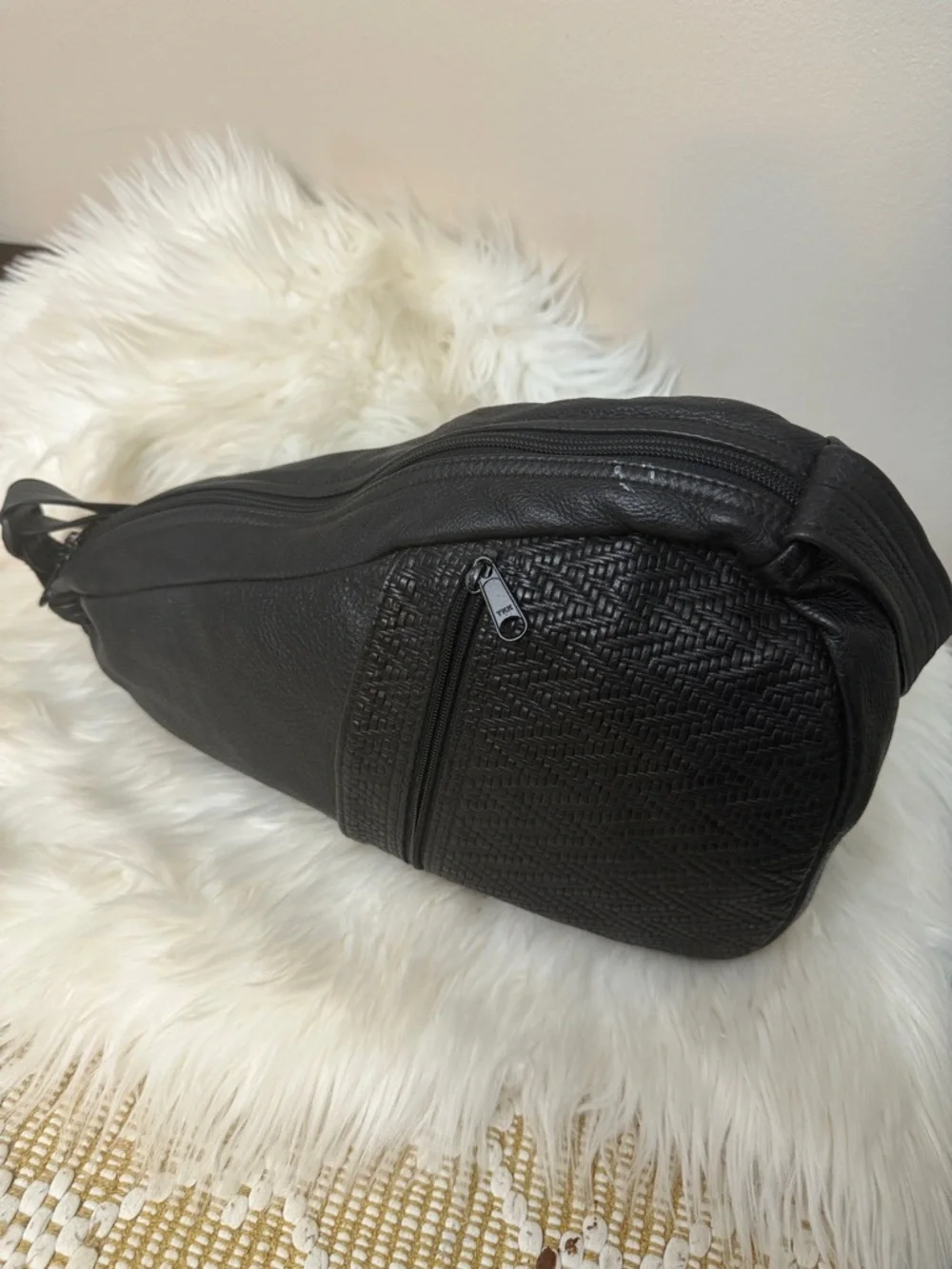 Black Textured Leather Sling Backpack for Men